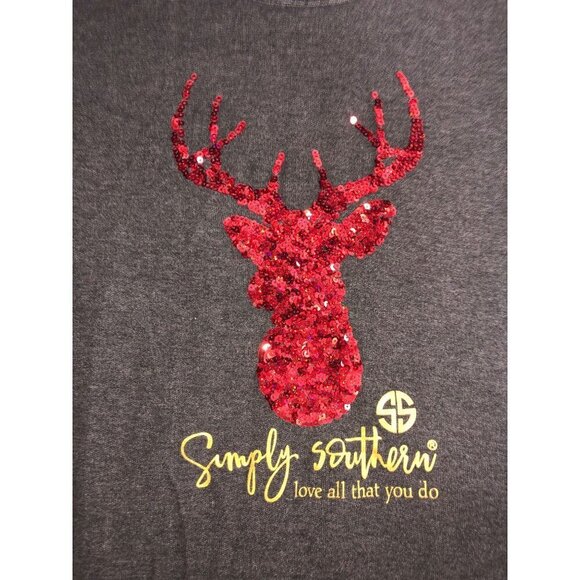 Plaid Top Sparkle Reindeer Womens Size M Red Sequin Gray Mixed Media Christmas - Picture 3 of 11